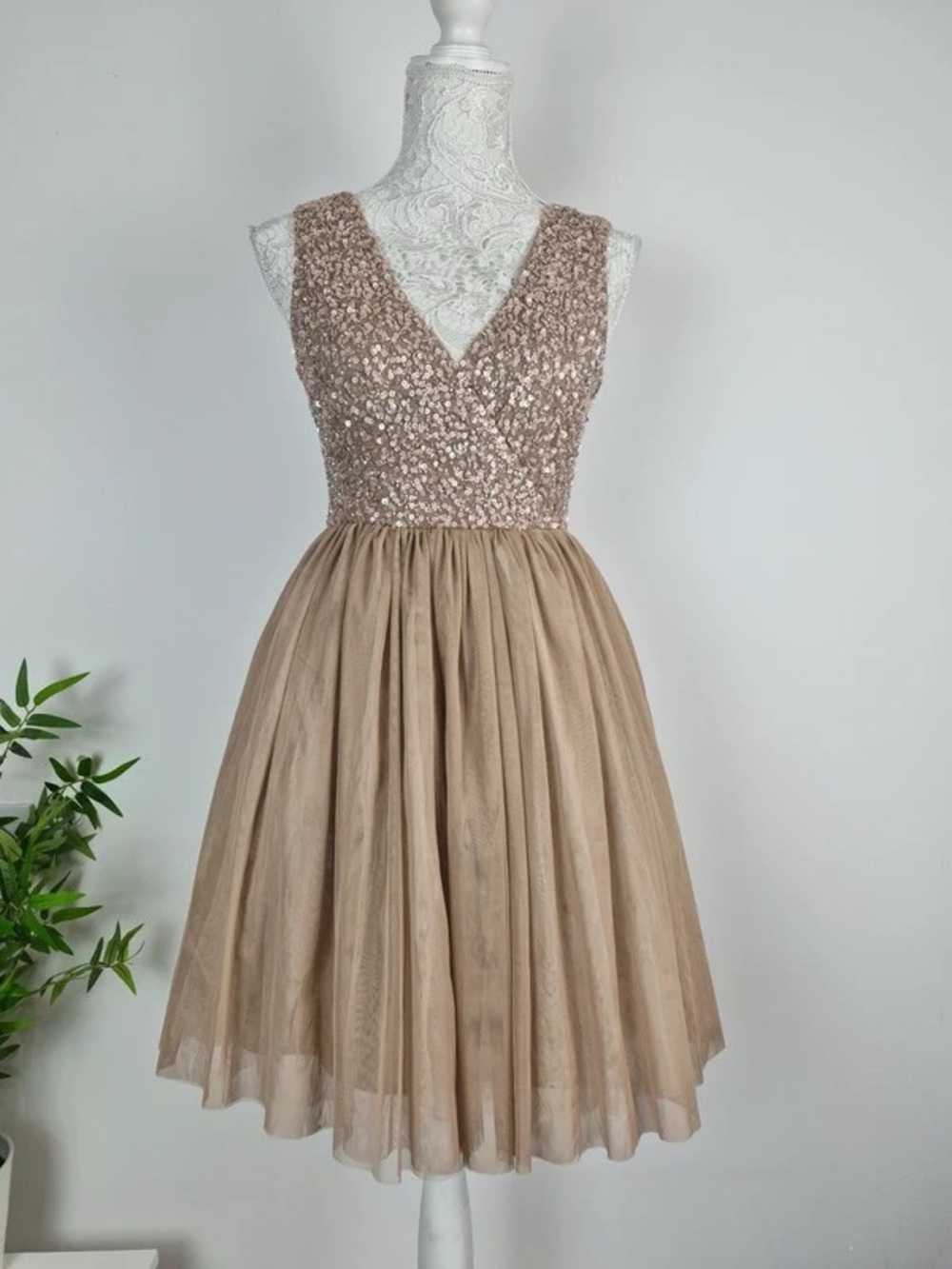 Sequin Bodice Tulle V-Neck Maxi Dress in Taupe